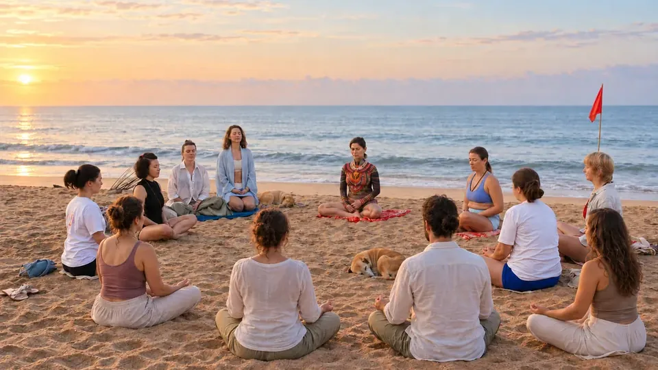 Guided beach meditation at sunrise during Purnam Yogashala yoga teacher training in Goa