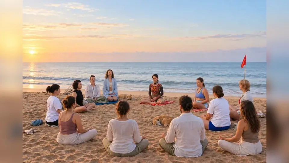 Guided beach meditation at sunrise during Purnam Yogashala yoga teacher training in Goa