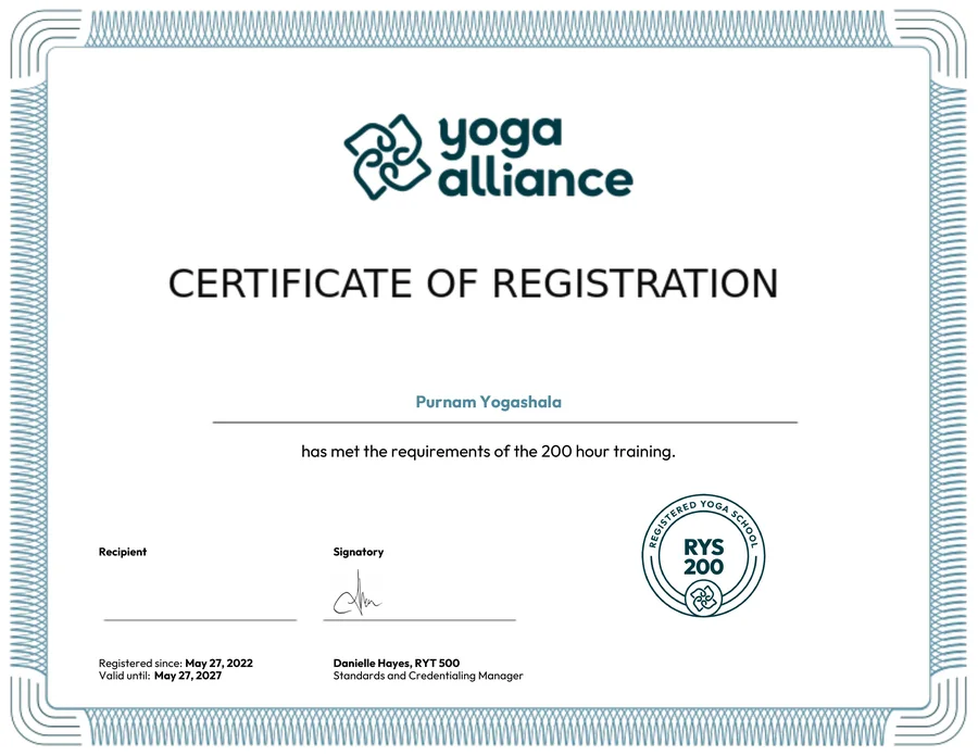 Yoga Alliance USA Certificate of Registration — Purnam Yogashala RYS 200 Registered Yoga School Goa India
